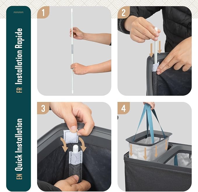 VOUNOT® 170L Laundry Basket with Lid, Rectangular 3 Compartment Laundry Hamper with Removable Bags & Handles, Foldable Laundry Bin for Bedroom, Bathroom, Utility Room, Anthracite - Image 7