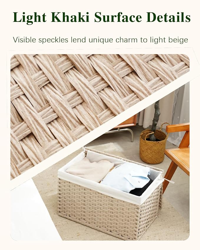 SETVSON Storage Basket with Lid 105L PE Rattan Storage Bin Light Khaki | 2 Removable Liners for Clothes & Blankets, 105L Storage Bin with 2 Separate Lids,Sturdy Metal Frame, PE Rattan - Image 8