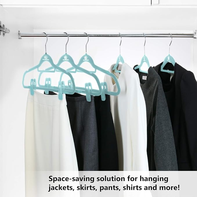 Velvet Hangers, Non-Slip Ultra Slim Space Saving Hanger, with notches, tie bar, and Swivel Hooks, 30 Pack, with Bonus 20 Matching Velvet Finger Clips. Blue (Aqua) - Image 9