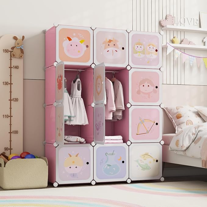 HONEY JOY Kids Wardrobe Closet, Baby Cartoon Clothes Storage Organizer, 12 Cubes & 2 Hanging Sections, Portable Children DIY Modular Bedroom Armoire Dresser Cabinet for Boys Girls (Light Pink) - Image 9