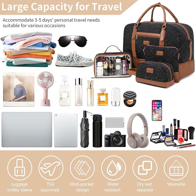 4PCS Weekender Bags for Women Large Overnight Weekend Travel Duffel Bags | Travel Bag Carry-on Tote Hospital Bag with Shoe Compartment Crossbody Toiletry Bag for Travel Business Gym Water Resistant - Image 6
