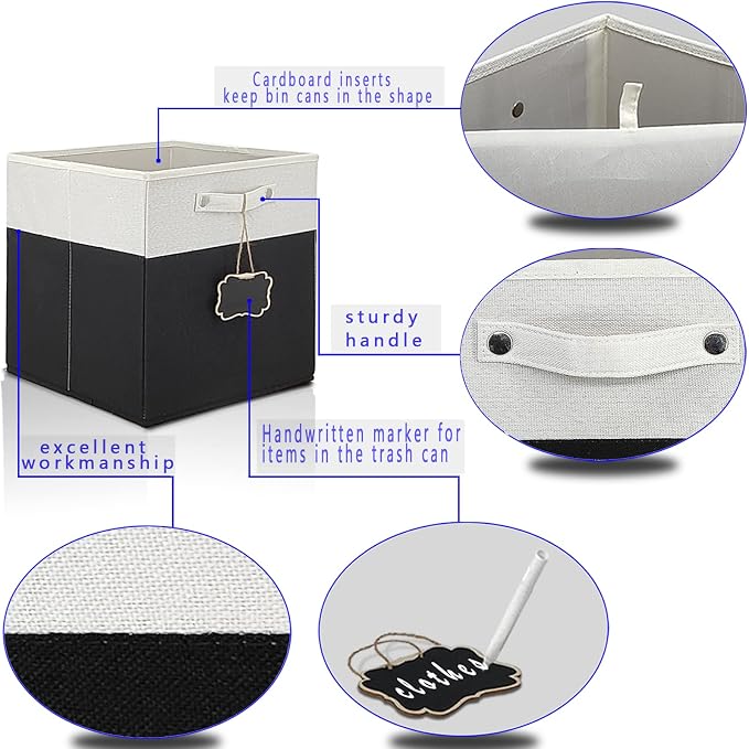 13x13x13 Inch Large Foldable Fabric Linen Cube Storage Bins【4-pack】, with Cotton Handles Closet Bins for Cabinet Shelves Home Organization and Storage bins(White&black) - Image 7