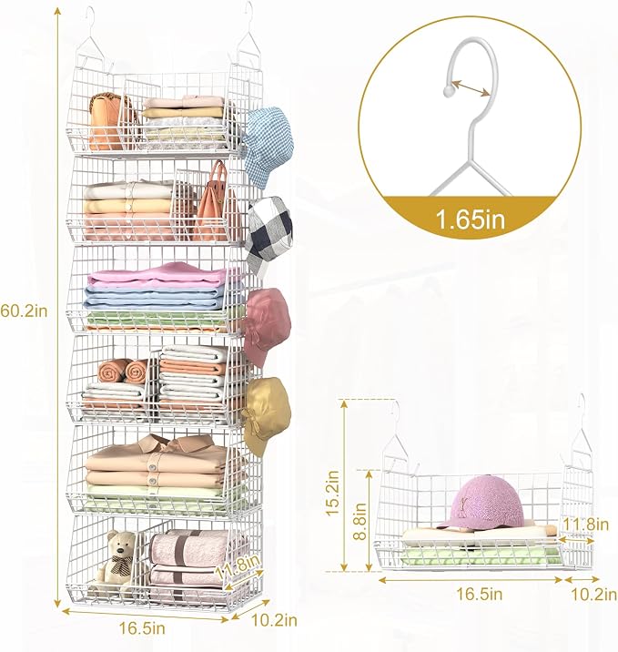 6 Tier Extra Large Hanging Closet Organizer, Closet Storage Hanging with Dividers, Wire Closet Shelf with 5 S Hooks 4 Dividers,Sweater Handbag Hat Accessory Storage Hanger,White - Image 8