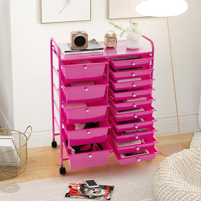 GOFLAME 15-Drawer Rolling Storage Cart, Craft Storage Cart with Removable Drawers & Lockable Wheels, Art Cart Supply Storage Organizer for Home Office Classroom, Hot Pink - Image 9
