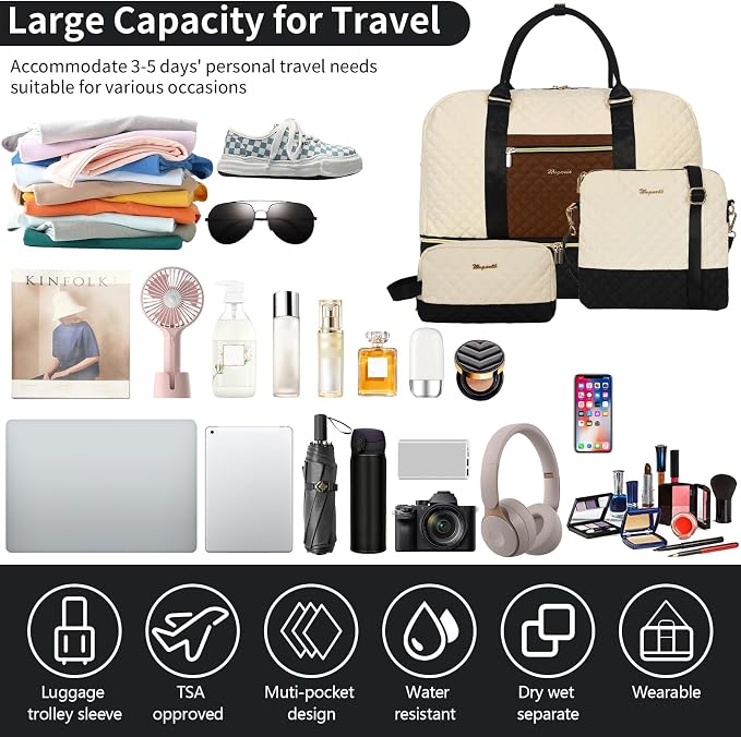 3PCS Weekender Bags for Women Large Overnight Bag, Black Beige Brown | Weekender Travel Duffel Bags Carry on Shoulder with Shoe Compartment Toiletry Bag Satchel Bag for Travelling Business Gym - Image 7
