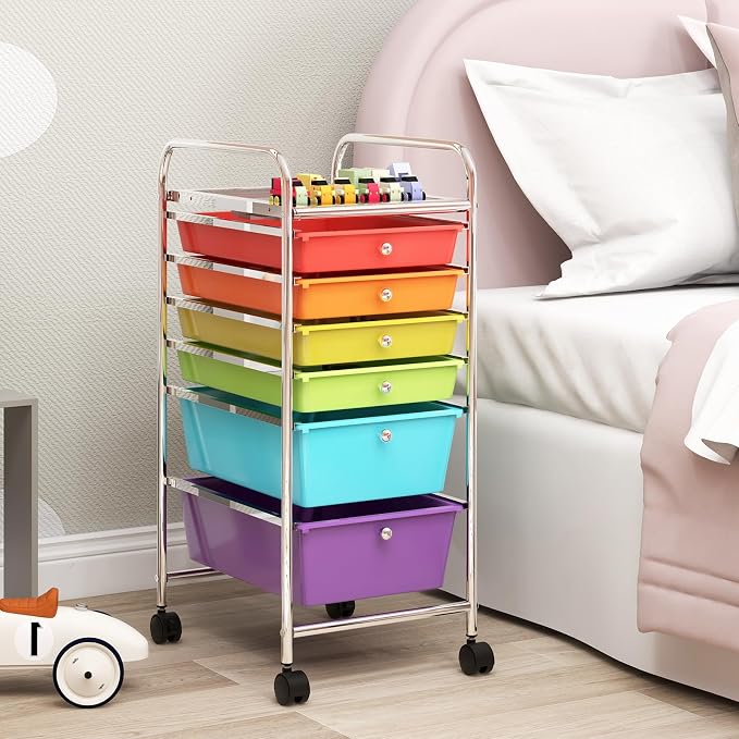 GOFLAME 6-Drawer Rolling Storage Cart, Multifunctional Art Craft Organizer Cart, Mobile Utility Storage Cart with Removable Drawers & Lockable Wheels, Craft Cart for Home Office, School, Multicolored - Image 7