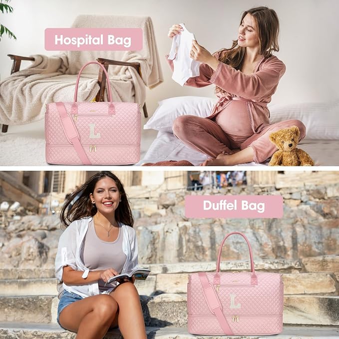 Letter Weekender Bags for Womens - Duffle Bag with Shoe Compartment Personalized Overnight Bag with Toiletry Bag Duffel Bags for Gym Hospital Bags Gift for Women Pink (Letter L) - Image 9