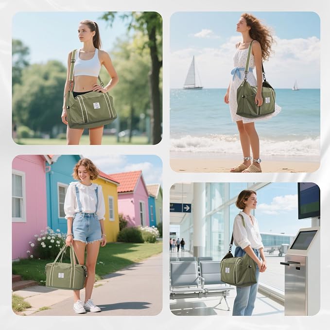 WALNEW Travel Duffel Bag, Weekender Bag for Women Men, Army Green | Overnight Carry On Bag, Foldable Waterproof Gym Luggage with Metal Buckle Detachable Shoulder Strap and Wet Compartment - Image 8