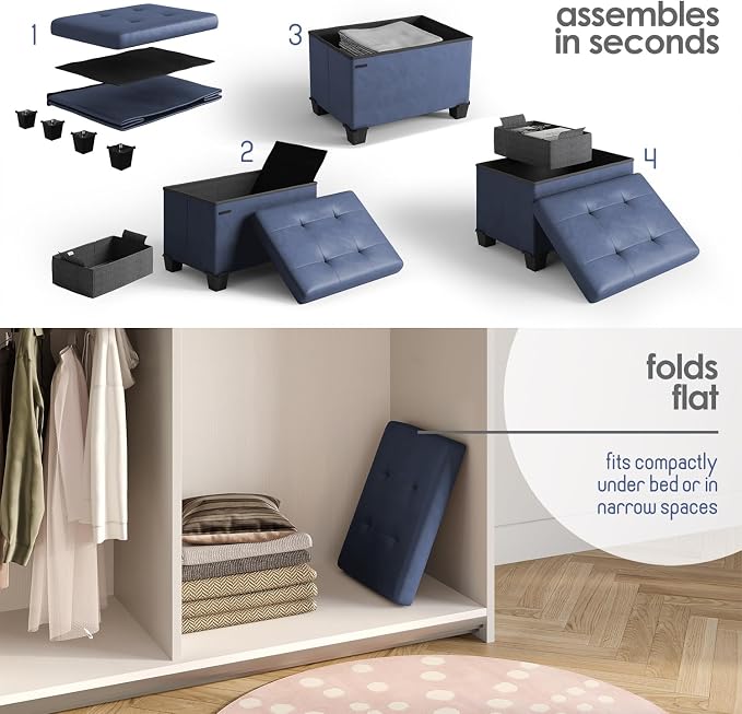 Storage Ottoman Cube with Small Bin, 16-in Square Ottoman with Storage for Living Room and Bedroom, Small Ottomans Foot Rest, Leather Foot Stools Ottomans Max 330lbs, Blue - Image 9