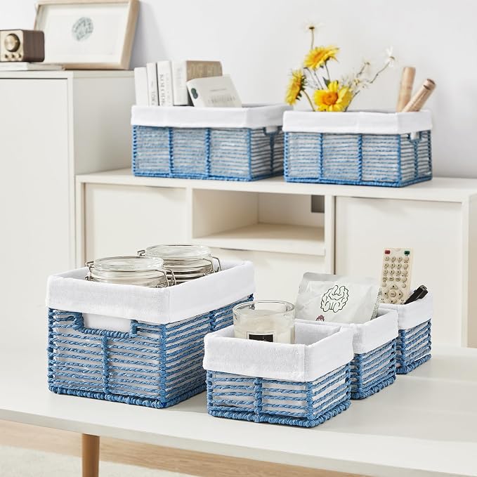 Wicker Storage Basket, 6 Pack Baskets for Organizing, Wicker Baskets with Handle, Rectangular Woven Basket for Storage Shelves, Cube Storage Bins for Closet/Clothes/Dresser, Blue - Image 7