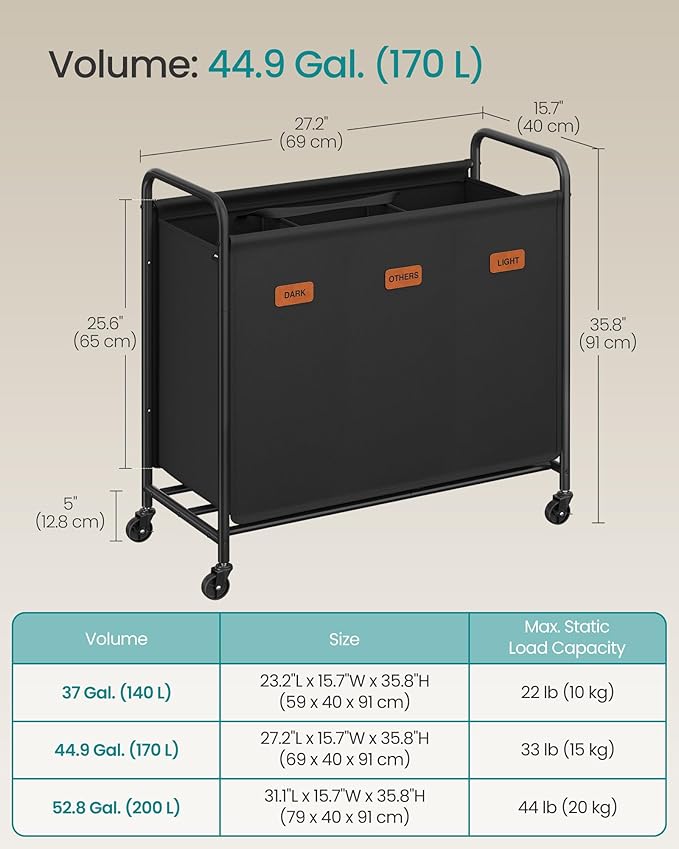 SONGMICS 3-Section Laundry Sorter, Laundry Hamper with Wheels, Rolling Clothes Hamper Cart with Large Capacity and Removable Bags, for Laundry Room, Bedroom, Bathroom, Ink Black URLS330B01 | Rolling Clothes Hamper Cart, Large Capacity, for Laundry Room... - Image 6