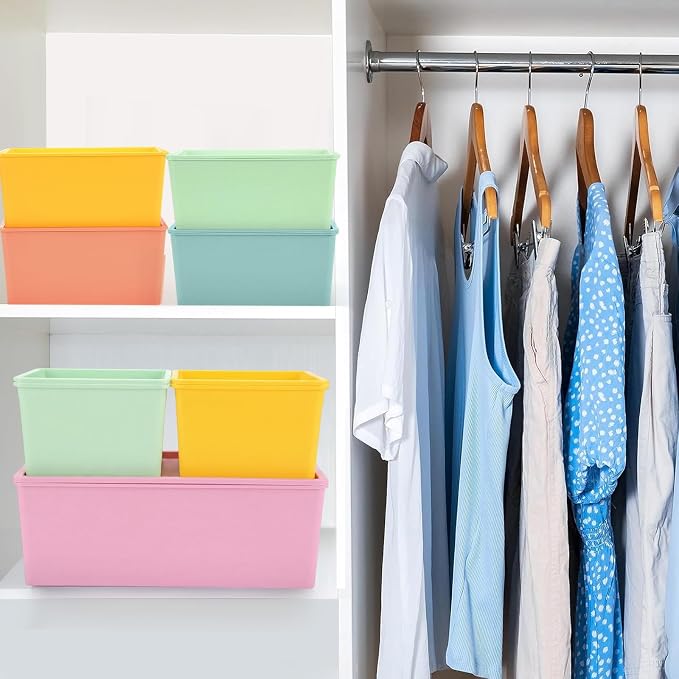 6 Pcs Plastic Storage Bins with Lids, Large and Small, Macaron Color | 14.4 x 10.4 x 5.1 Inch and 10.6 x 7.5 x 4.7 Inch, Stackable Storage Container, Decorative Organizer for Shelves Closet Office - Image 6