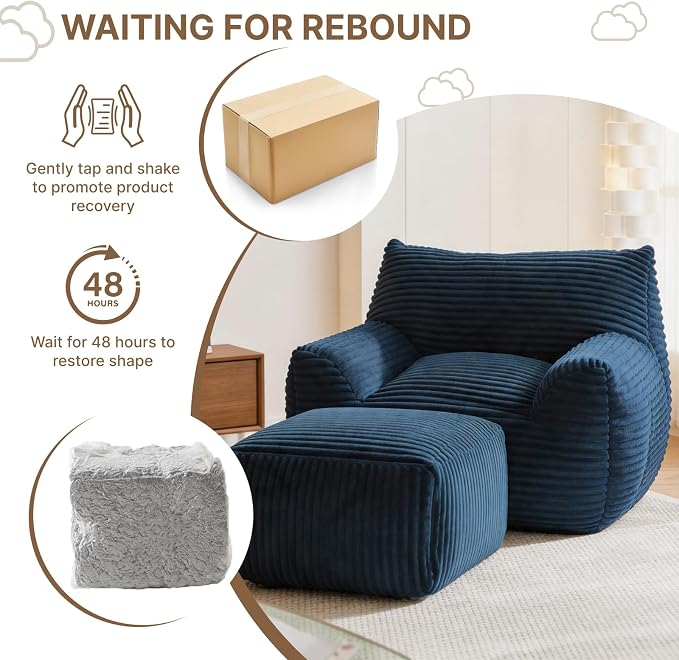 Oversized Bean Bag Chair with Ottoman, Bean Bag Couch with 2 Side Pockets, Corduroy Boneless Couch Chair in a Box, Comfy Lounge Chair for Living Room, Bedroom, Dorm, Blue - Image 8