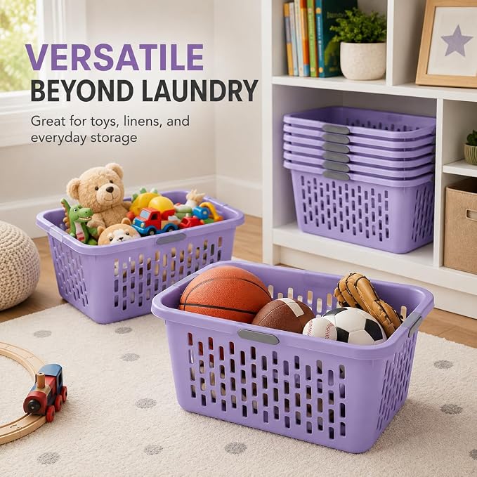 Laundry Basket 2 Bushel Plastic with 4 Handles 6 Pack Lilac | 6-Pack 2 Bushel Laundry Baskets with 4 Comfort-Grip Handles – Carries easily from any side. Rectangular ventilation holes - Image 8