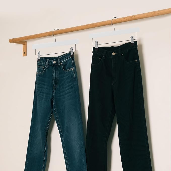 14" Wood Pants Hangers with Adjustable Non-Slip Clips, White, 24-Pack | Solid Wood Material, Bottom Hangers with 360° Swivel Hook, Space Saving Hangers for Skirts, Slacks, Trousers, Jeans - Image 7