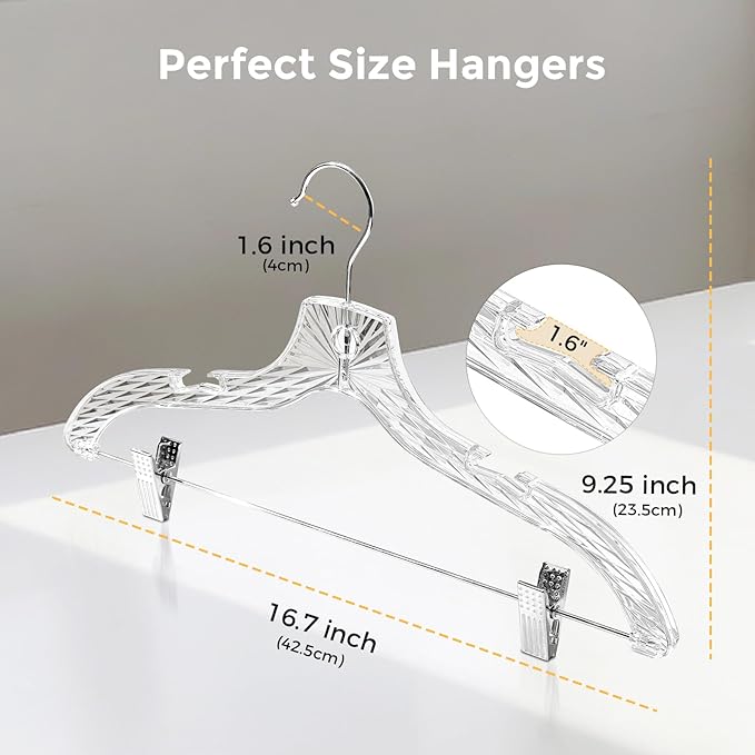 HOUSE DAY Clear Hangers with Clips 12 Pack, Set Hanger for Tops and Bottoms | Clear Clothes Hangers with Adjustable Clips, Shoulder Notches and Swivel Hook for Pants, Skirts, Dresses and Tops - Image 9