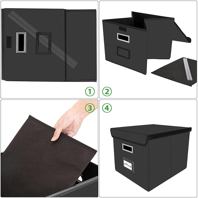 File Organizer Box with Lids, Collapsible File Folder Organizer | File Box with Plastic Slides for Document, Filing Bin for Letter Size Hanging File Folders (2 Pack, Black, Leather) - Image 7