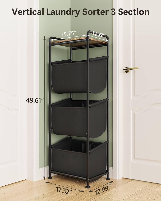 3 Section Laundry Sorter with Removable Bags, 120L Vertical Laundry Hamper with Shelf, Stackable Laundry Baskets organizer for Bathroom, Apartment, Dorm (Black, With Shelf) - Image 8