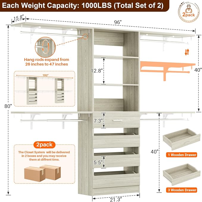 Aheaplus Closet System with Drawers Set of 2, Wood Closet Organizer System with 8 Hanging Rods & Top Shelves, Walk-in Closets Organizer Wardrobe Clothes Rack, Cut Fits Spaces 4-9FT. Wide, White Oak - Image 7