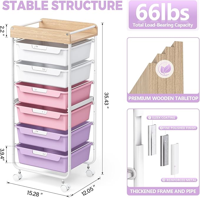 SYKIARIOL Rolling Cart with 6 Drawers,Craft Organizer and Storage,Purple | Utility Storage Cart with Drawers,Art Cart,Makeup Organizer With Wooden Tabletop - Image 9