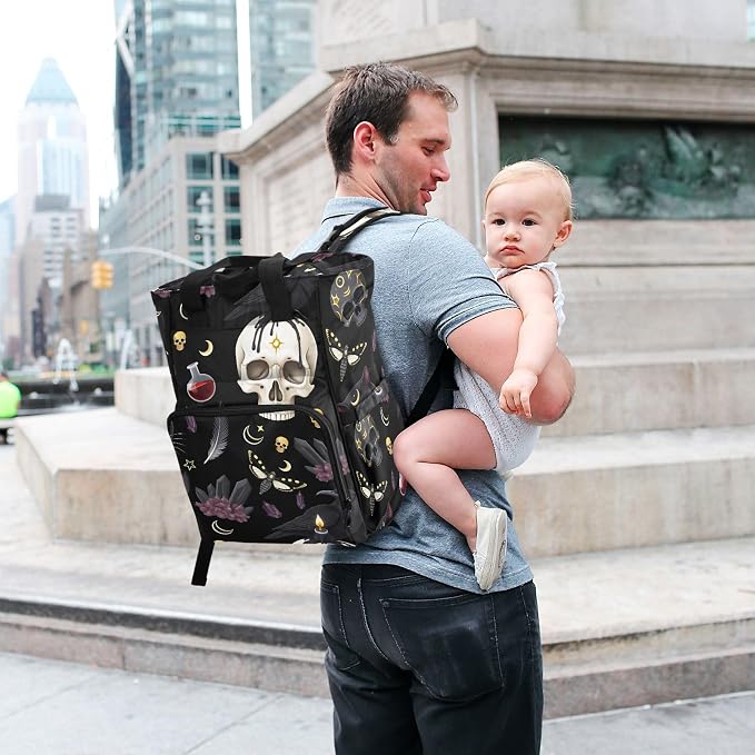 MNSRUU Goth Skull Moth Multifunction Travel Diaper Tote Changing Backpacks for Moms Dads - Image 7