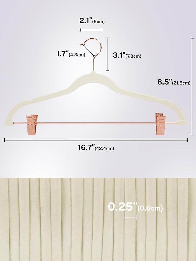 HOUSE DAY Pants Hangers with Clips 24 Pack, with Rose Gold Hook and Clips | Ivory | Non Slip Velvet Flocked | 0.2" Thin | Swivel Hook | Space Saving | Rubber Padded Clip| For Pants, Skirt, Shorts, Coat - Image 9