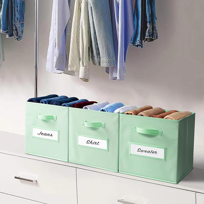 13x13x13 storage cube bins(Set of 8) Fabric storage cubes with 8 Labels Window Cards & a Pen, storage cubes 13x13, Collapsible 13 inch cube storage bins, Cubby Organizer Boxes, Grass Green - Image 6
