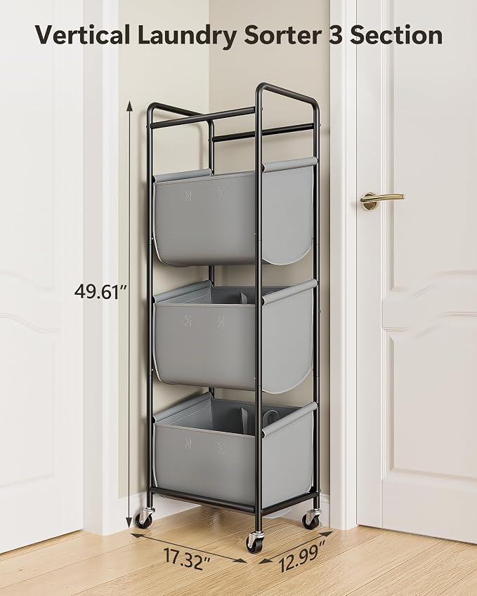 3 Section Laundry Sorter with Removable Bags, 120L Rolling Vertical Laundry Hamper, Stackable Laundry Baskets organizer for Bathroom, Apartment, Dorm (Gray, With Wheel) - Image 8