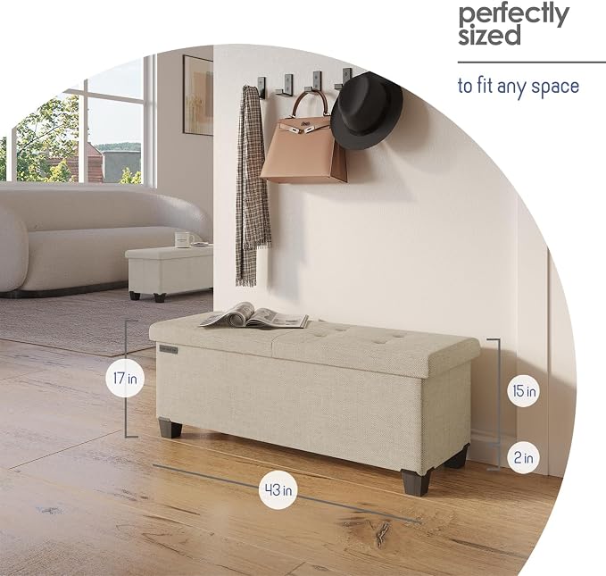 Storage Ottoman Bench with Bins, 43-in Storage Bench for Bedroom End of Bed, Folding Foot Rest Ottoman for Living Room Max 660lbs, Fabric Ottomans, Beige - Image 9