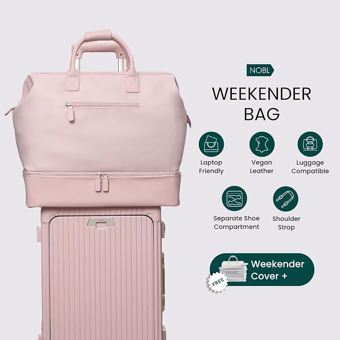Nobl Travel Weekender Bag for Women & Men, Large Carry-On Duffel, Blush | Leather Overnight Tote with Trolley Sleeve, Separate Shoe Compartment & Laptop Pocket for Airplane, Gym & Road Trips - Image 5
