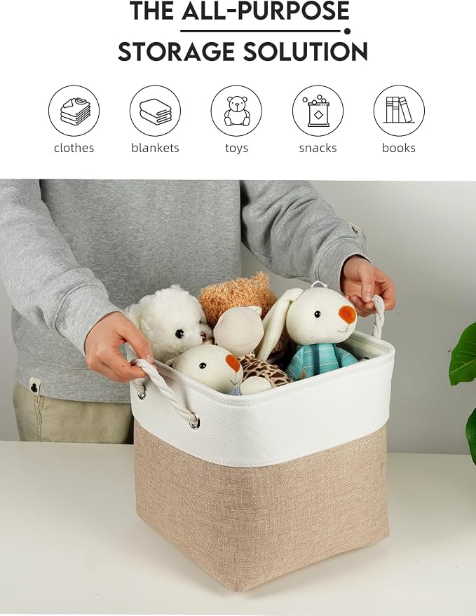 Temary 6-Pack Cube Storage Bins, 11 Inch Foldable Fabric Storage Cubes with Cotton Rope Handles, Sturdy Linen Organizer Baskets with Metal Frame for Shelves, Closet, Nursery (White&Khaki) - Image 7