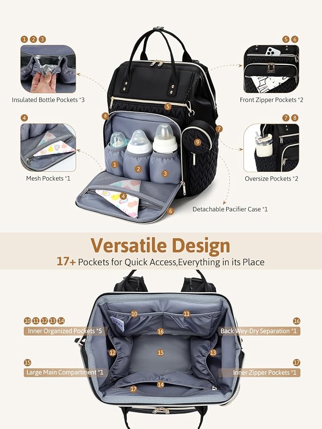 Lekesky Quilted Diaper Bag Backpack, Wide Opening Large Baby Bag for Mom | Black Travel Baby Diaper Backpack with Changing Pad, Insulated Pockets, Pacifier Case - Image 9