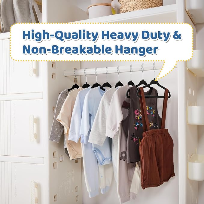 Premium 11 Inch Baby Hangers 50 Pack, Kids Velvet Hanger, Non Slip | Black Space Saving Felt Hangers Clothes Organizers for Closet with 360° Swivel Hook for Children, Infant & Toddler - Image 9