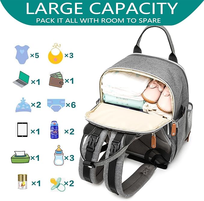 HAOMUK Diaper Bag Backpack, Baby Backpack Bag for Mom with Changing Pad, Multifunction Waterproof Large Travel Baby Essentials for Toddler Girl Boy - Gray - Image 6