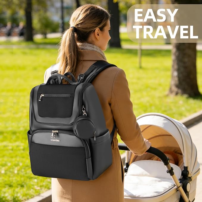 Large Leather Diaper Bag Backpack, Baby Travel Bag with Changing Pad, Insulated Pockets, Stroller Straps and Pacifier Case, Water-Resistant Diaper Bag for Mom and Dad, Black - Image 8