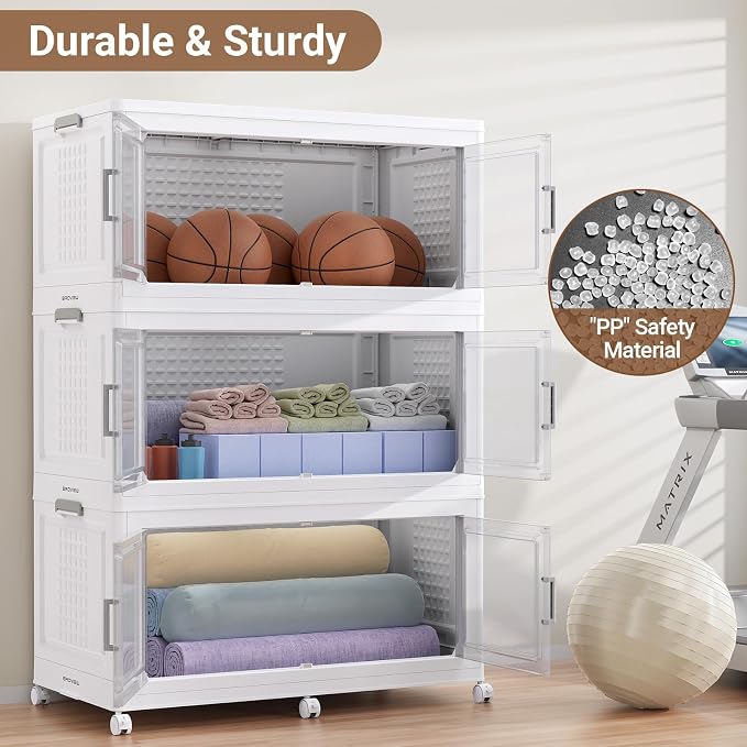 BROVIEW 600 Qt Stackable Storage Bins Foldable Cabinet, V40 White 3-Pack | Extra Large Collapsible Storage Bins with Lid Doors Wheels Dividers, Closet Organizers and Storage Drawer for Home Office - Image 8