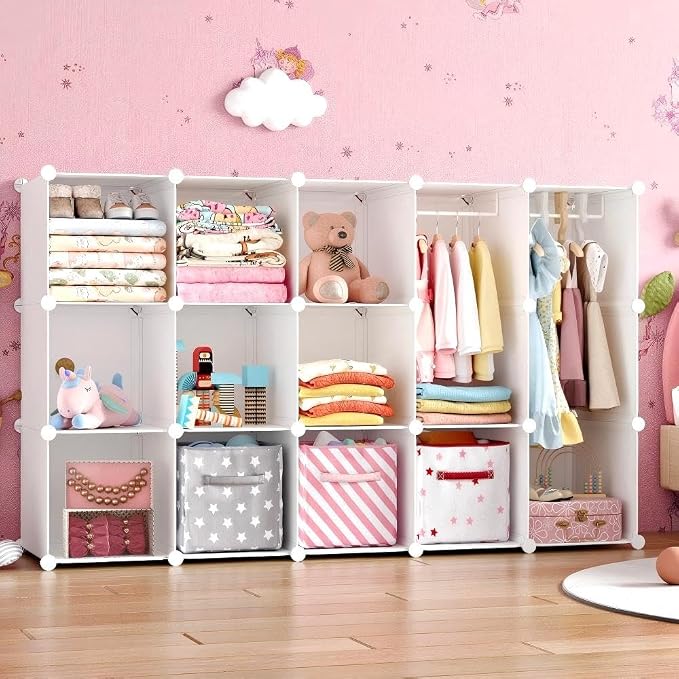 Modular Baby Wardrobe Closet, Portable Children Organizers and Storage for Nursery,15 Cubes with Hanging Rods,Multi-Functional Kids Storage Shelf-Bedroom Clothes Armoire (Boys & Girls) - Image 9