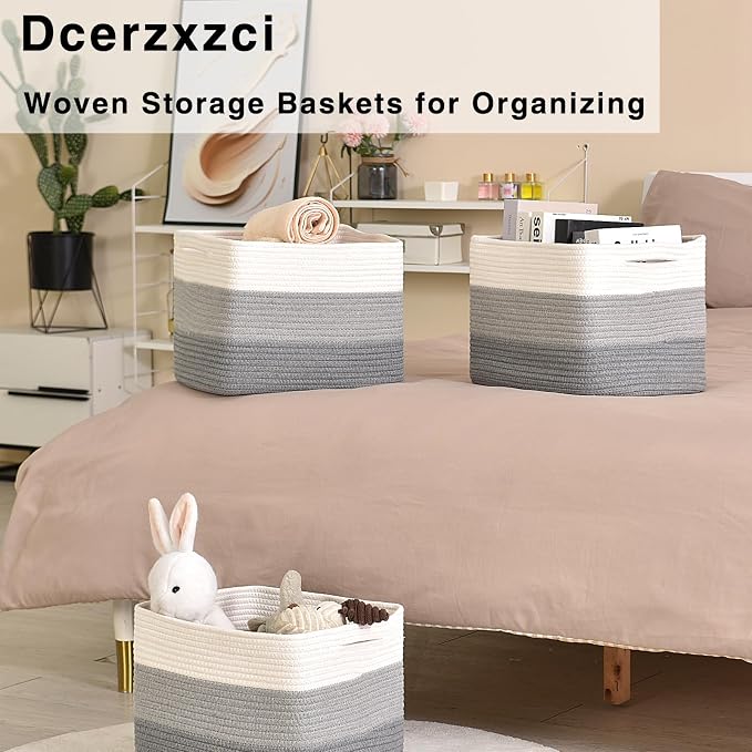 Storage Baskets for Organizing Shelves, Woven Cotton Rope Basket for Storage, Dog Toy Baskets Storage Kids, Book Bins for Living Room Bedroom, 14.8"×11"×9.5", Pack of 3, Gradient Grey - Image 6
