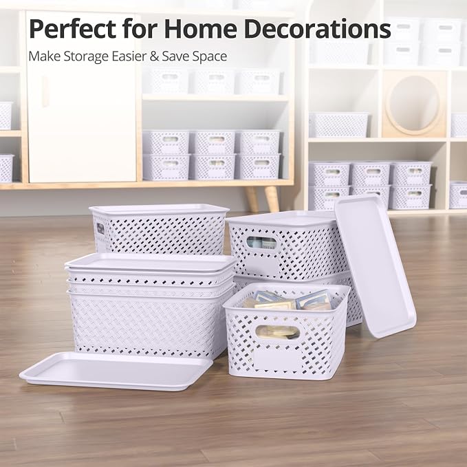 Plastic Storage Bins with Lid, Stackable Small Box Basket for Organizing and Containers for Shelves Drawers Desktop Closet Playroom Pantry Classroom Office Home, 8-pack 10.2"x7.2"x4.1" Lavender - Image 7