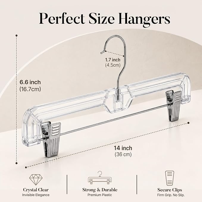 HOUSE DAY Clear Pants Hangers with Clips 12 Pack, Plastic Skirt Hangers for Women, 14 Inch Clip Hanger for Pants, Skirts, Jeans, Shorts, Legging, with 360-degree Swivel Hook, 2 Adjustable Clips - Image 9