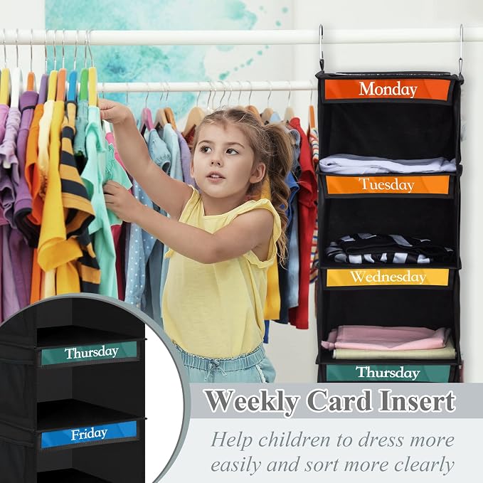 2 Pcs 6 Shelf Hanging Weekly Clothes Organizer for Kid,Black | Closet Organization, Hanging Closet Shelves with Side Pockets, Labeled Shelves with Days of The Week Monday Through Weekend - Image 6