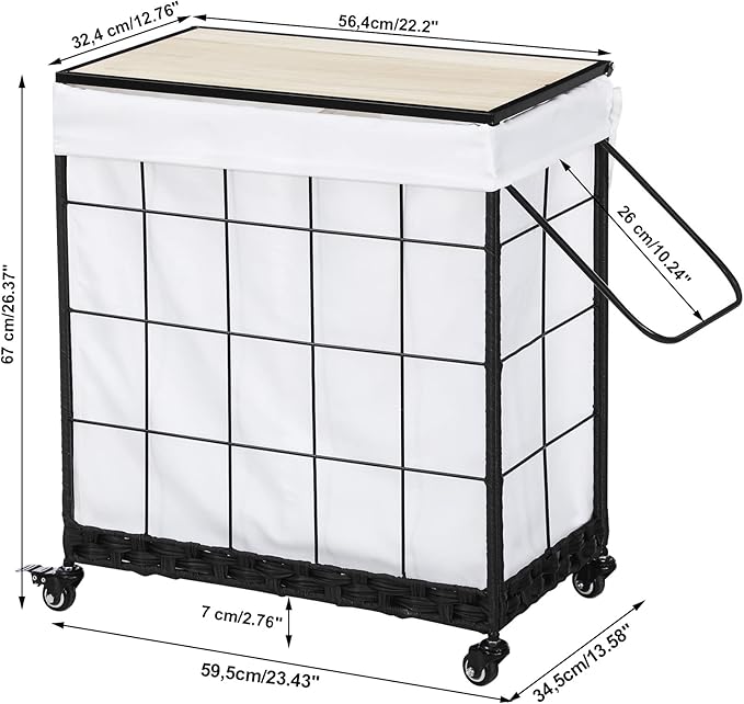 110L Laundry Hamper with Wood Lid, Rolling Laundry Basket with Liner Bag | Dual Laundry Compartments; Lockable Wheels; Reinforced Steel Frame; Durable Metal Handle; Easy Assembly - Image 7