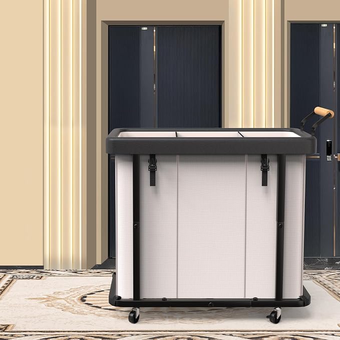 Laundry Hamper 3 Section,230L Rolling Dirty Clothes Hamper White | Laundry Basket with Wheels & Lid,Laundry Organizer Storage Cart with Metal Frame and Wooden Handle for Laundry Room, Hotel - Image 7