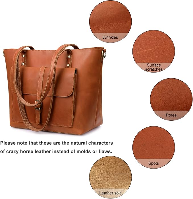 S-ZONE Women Vintage Genuine Leather Tote Bag Large Shoulder Purse Work | 14" Padded Laptop Compartment, Detachable Long Strap, Luggage Strap, Multi Pockets, Travel Everyday - Image 7