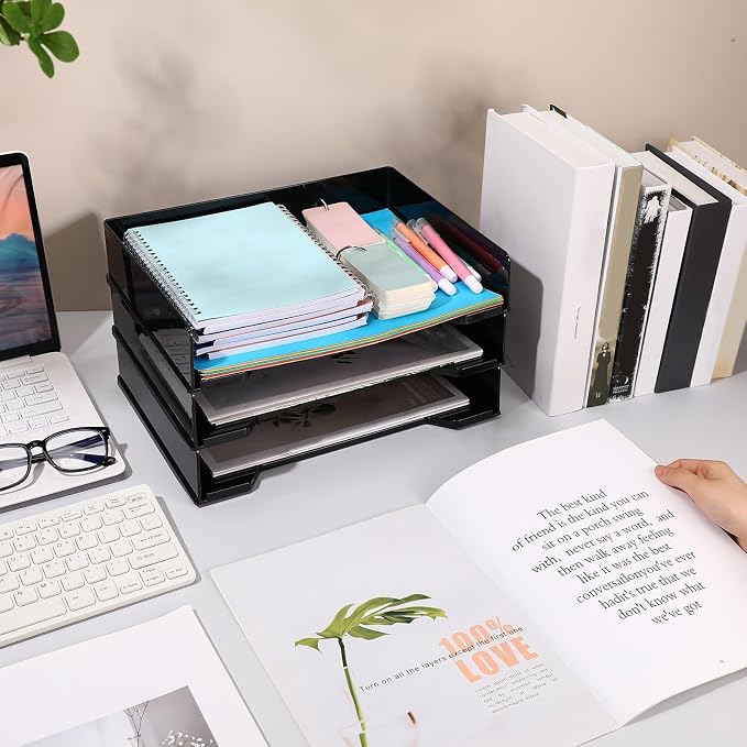 DoubleFill 4 Pcs Stackable Letter Tray Plastic Paper Tray, Black | 13 x 9.5 x 2.6 In, Rectangular, Paper Holder, File Tray for Desktop Office Desk Drawers - Image 7