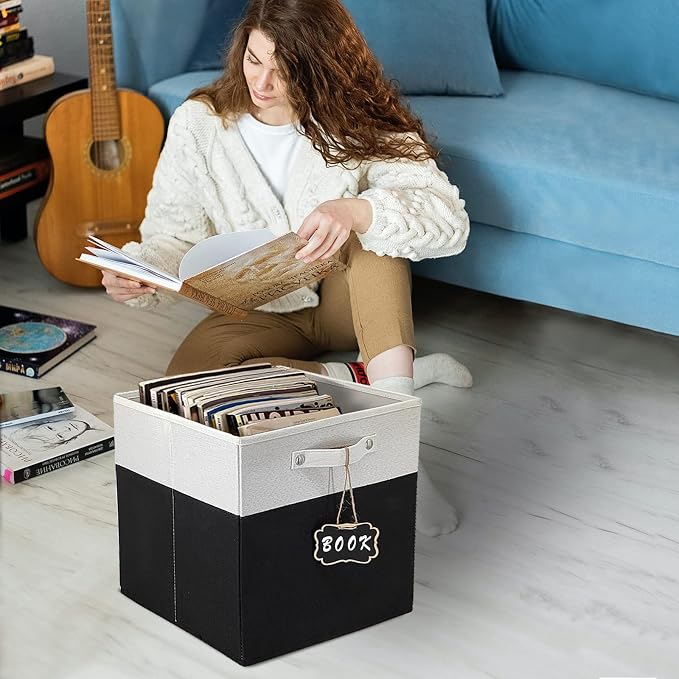 13x15x13 storage cube bins,Set of 4 Collapsible Fabric Storage Cubes with Labels,Linen Cube Storage Organizer Bins Kallax Storage Cubes for Organizing Office,Shelves,Cabinet,Clothes(White Black). - Image 6