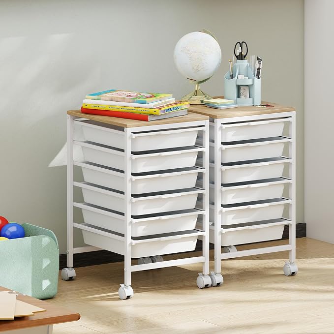 Rolling Storage Cart with 6 Drawers, Plastic Craft Organizer on Wheels with Wooden Top, Mobile Art Supply Utility Cart for Classroom, Home, Office - Image 9