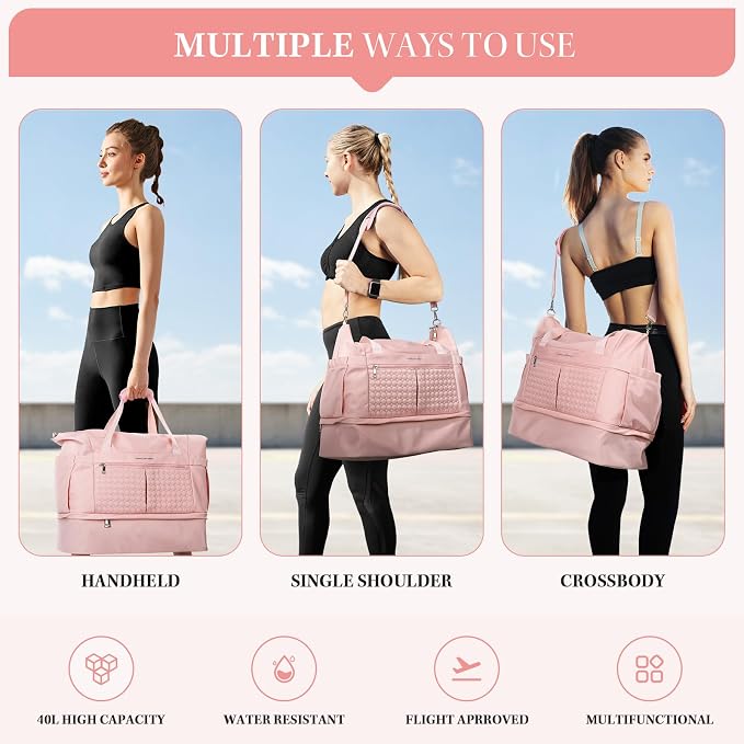 Maelstrom Gym Bag for Women,40L Travel Duffel Bag with Shoes Compartment and Wet Pocket,Waterproof Carry On Weekender Bag,Sport Gym Tote Bags Swimming Yoga, Hospital Holdalls(Pink) - Image 7