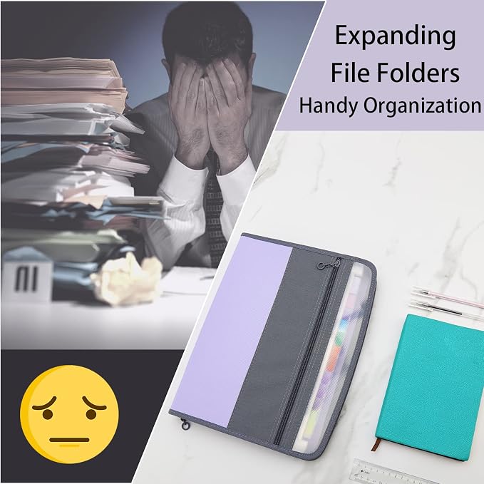 NAFY Accordian File Organizer, 13 Pockets Expanding File Folder with Zipper, A4 Letter Size Portable Accordion Expanding File Folders with Multicolor Labels for Office School Supplies (Black+Purple) - Image 8