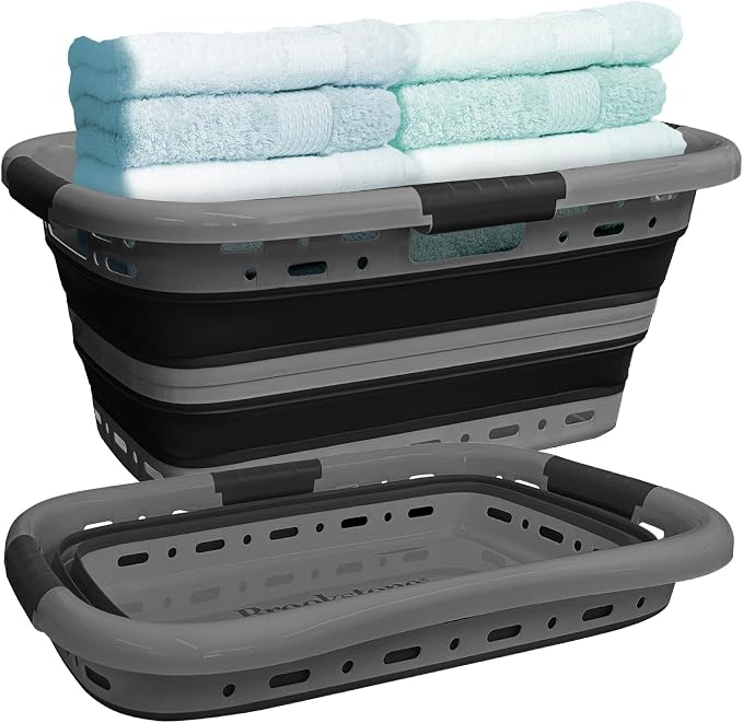 Brookstone 11 Gal Collapsible Laundry Basket With 3 Handles, Hip Hugger Design, Non-Slip Comfort Grip, Lightweight BPA-Free Space Saving Pop-Up Hamper, 24 In, Portable and Sturdy, Dark Gray by Unknown